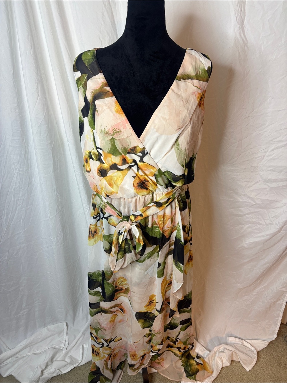 Signature by Sangria Cream Floral Wrap Maxi Dress with Green & Yellow Accents